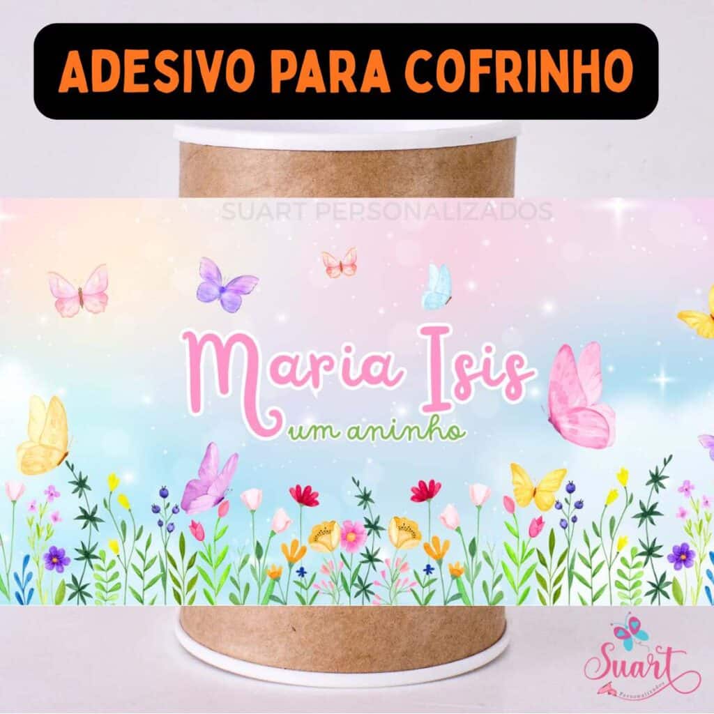 Rótulo adesivo para cofrinho personalizado Jardim das Borboletas